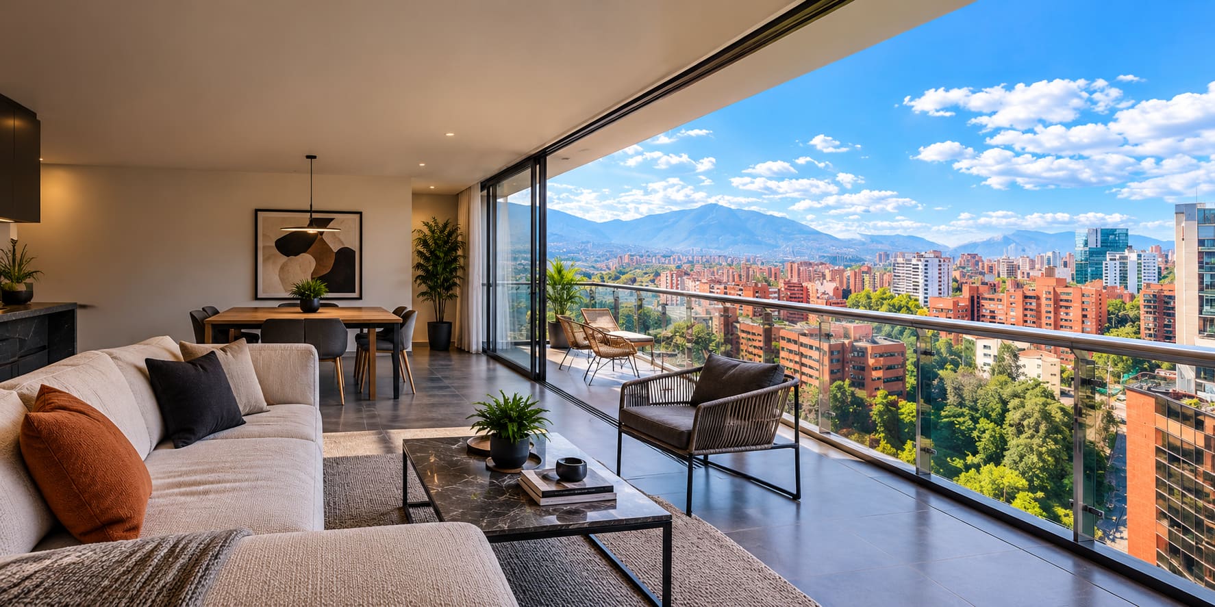 Sala amoblada con balcón y vista a Medellín